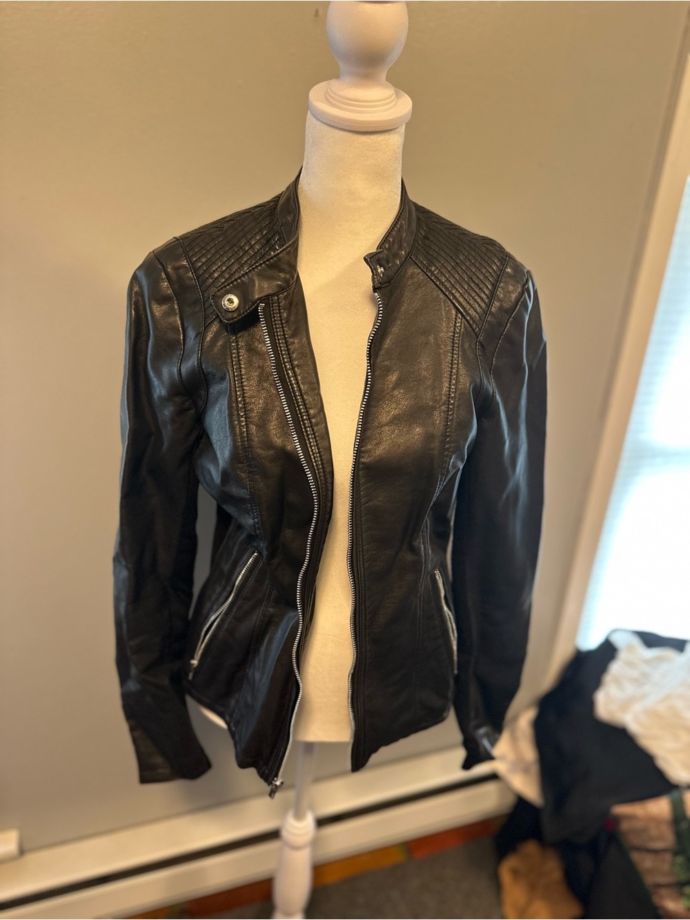 Classic Black Leather Moto Jacket - Women